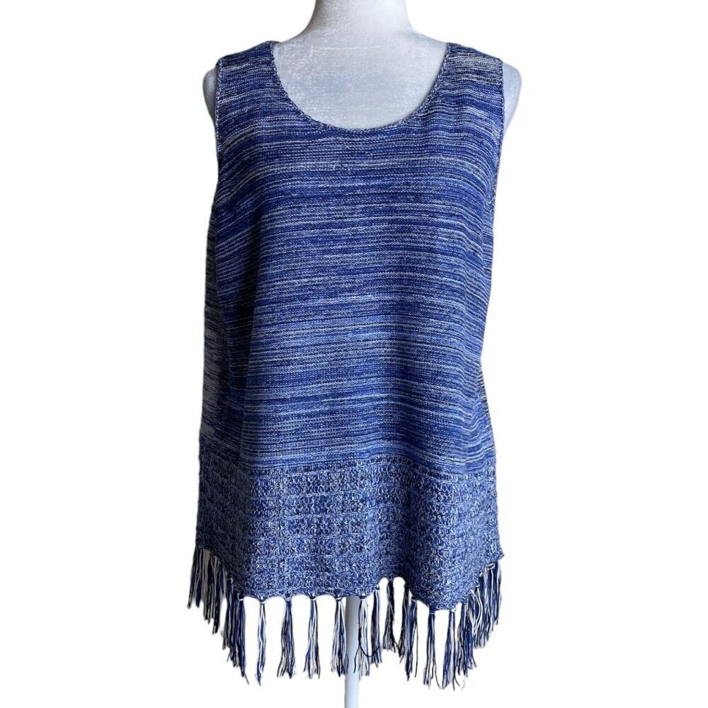 Lysse Country Blue White Lightweight Sweater Knit Lexi Tunic Tank Fringe Sz XL